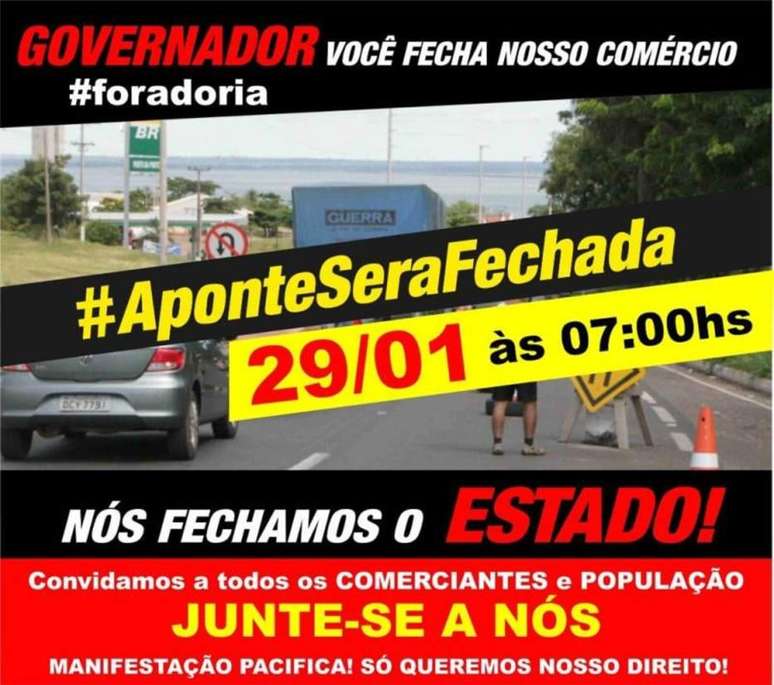 Peça de convocação para fechamento da ponte que liga São Paulo ao Mato Grosso do Sul, em Presidente Epitácio, oeste paulista
