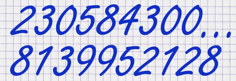 O oitavo n&uacute;mero perfeito, encontrado por Euler (e dividido em duas partes nesta imagem)