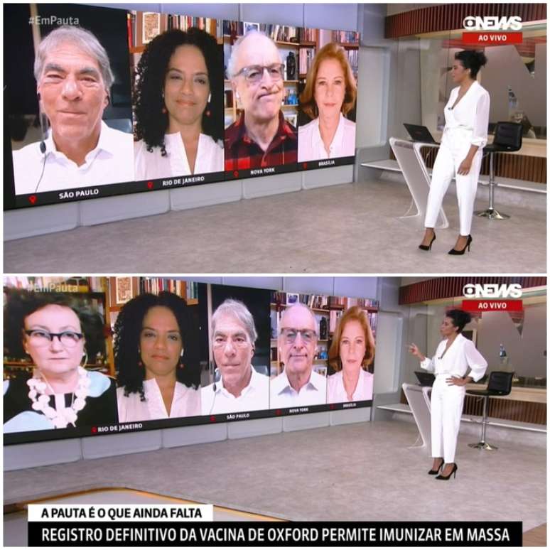 Acima, Jorge Pontual destoando dos colegas no primeiro bloco; abaixo, ele já de figurino novo durante participação da médica Margareth Dalcolmo, que brincou por não ter usado a cor do dia