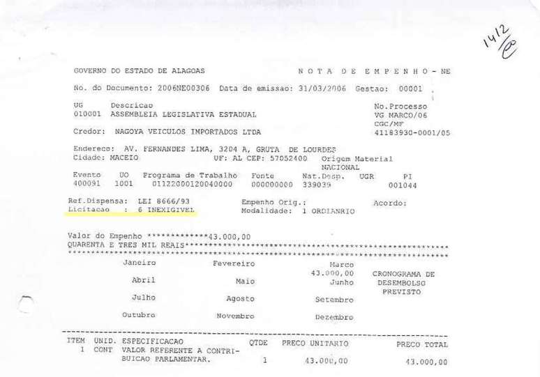 Nota de empenho mostra compra sem licitação com dinheiro da Assembleia Legislativa de Alagoas