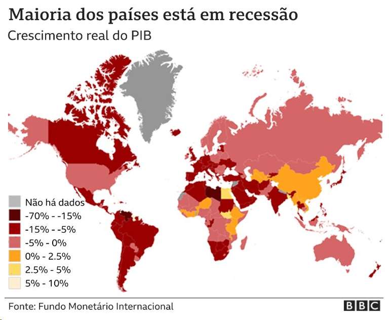 Gr&aacute;fico mostra recess&atilde;o nas economias de muitos pa&iacute;ses