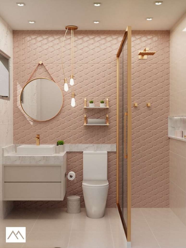 79. Decoração delicada com revestimento de parede 3D no banheiro. Projeto por Studio MBS Arquitetura