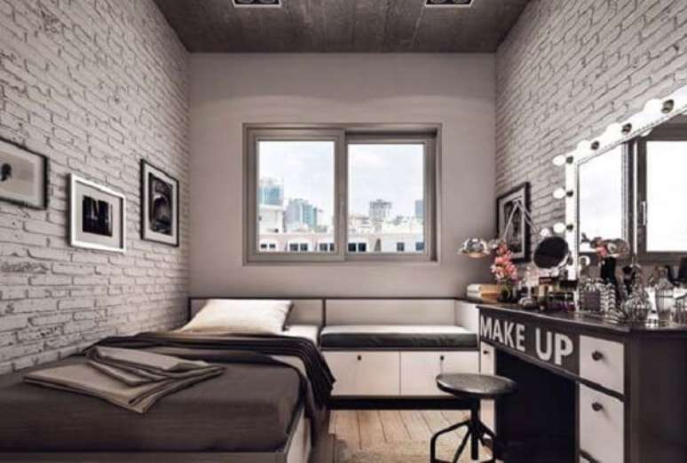 36. Invista em revestimento de parede tijolinho aparente branco para o dormitório. Fonte: Pinterest