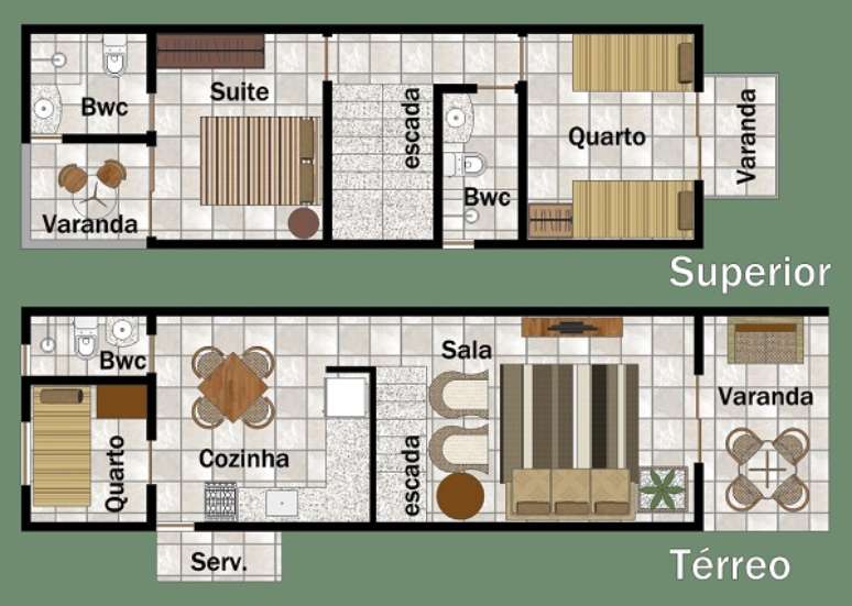 3- Planta de sobrado pequeno para dois dormitórios. Fonte: Tudo Construção