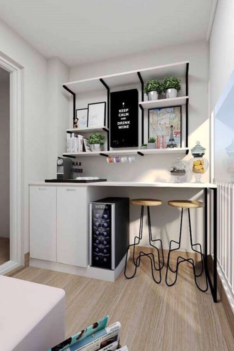 59. Decoração de varanda de apartamento com cantinho de café planejado moderno – Foto: Pinterest