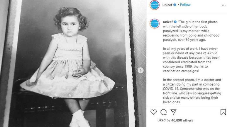 Post de Maria Flávia compartilhado na página da Unicef: profissionais da saúde também devem lutar contra desinformação, diz ela