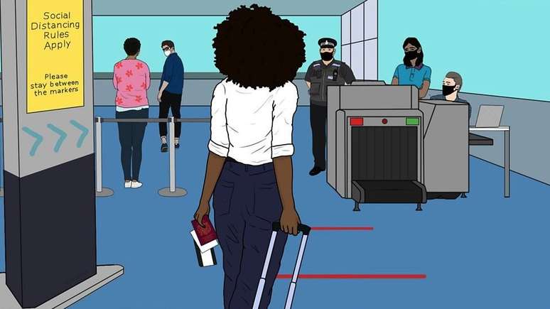 Ilustração de uma mulher num aeroporto