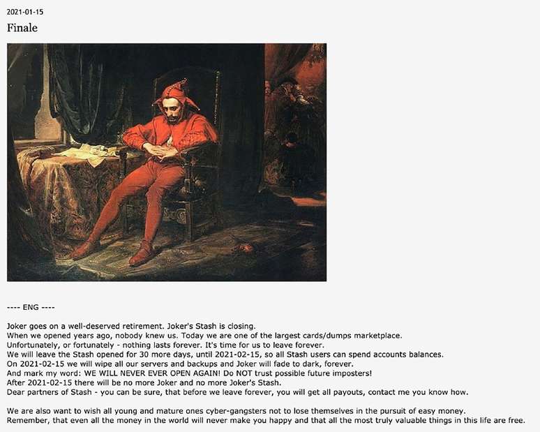 Imagem da tela com a mensagem anunciando o encerramento  das opera&ccedil;&otilde;es do marketplace  ilegal de cart&otilde;es de cr&eacute;dito Joker's Stash  publicada em janeiro de 2021. Cortesia de Tom Robinson/Elliptic/Handout via REUTERS