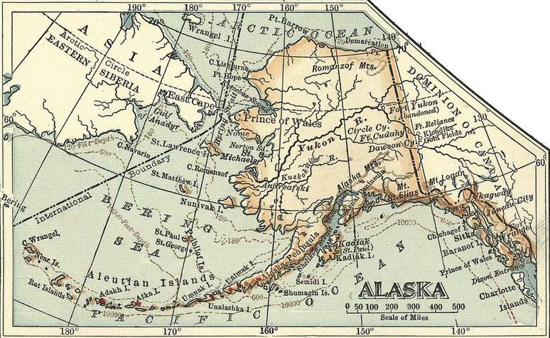 O destino? Essa ilha que voc&ecirc; pode ver logo abaixo de 180&ordm; na parte superior do mapa. E se voc&ecirc; seguir a linha de 170&ordm;, logo depois de passar o Estreito de Bering, ver&aacute; Nome &agrave; direita, o local onde Blackjack embarcou