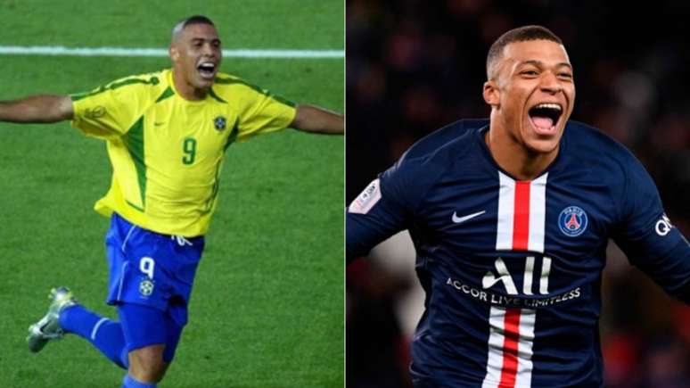 Ronaldo Fenômeno (esquerda) atuando pela Seleção Brasileira em 2002 e Mbappé (direita) atuando pelo PSG (Créditos: AFP)