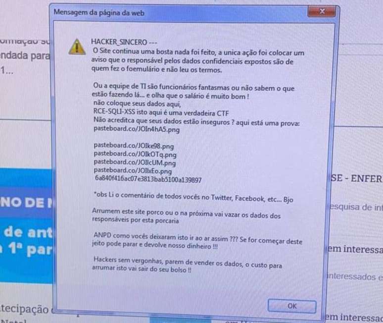 Mensagem de hacker no site do Ministério da Saúde