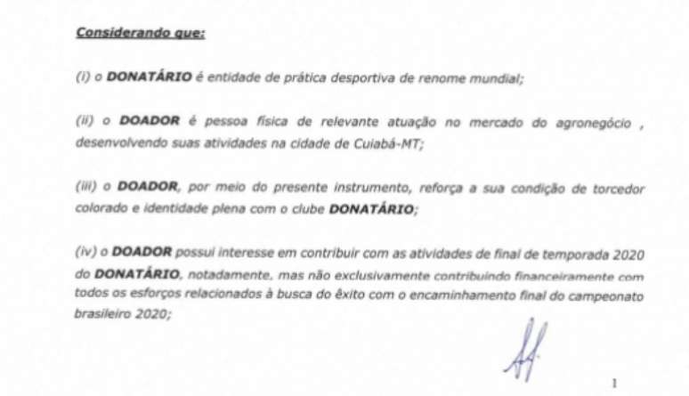 Trecho do documento expõe atribuição final de doação de Elusmar Maggi (Foto: Reprodução)