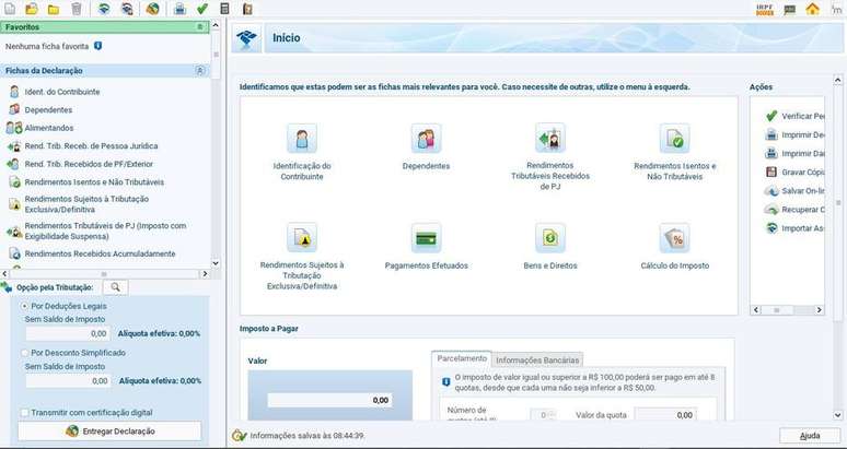 Tela inicial do programa do Imposto de Renda 2021.