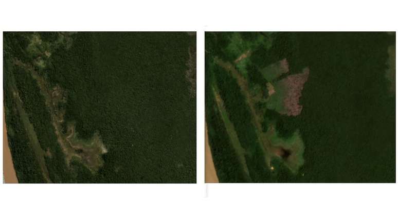 Imagens de satélite mostram lote anunciado por Fabrício Guimarães em maio de 2020 (à esq.), antes do desmatamento, e em janeiro de 2021