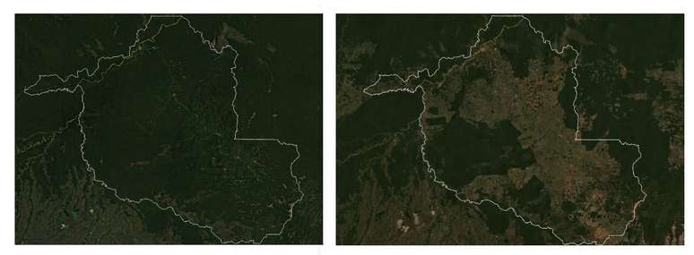 Imagens de satélite mostram avanço do desmatamento em Rondônia entre 1985 (à esq.) e 2020; Estado já perdeu um terço da cobertura original