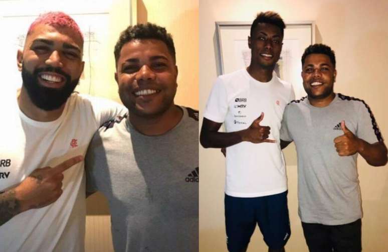 Gabigol e Bruno Henrique pararam para tirar fotos com Gugu, barbeiro amigo do camisa 9 (Foto: Reprodução/Instagram)
