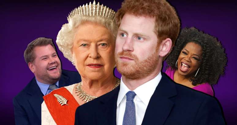 A rainha Elizabeth e o príncipe Harry entre o comediante James Corden e a apresentadora Oprah Winfrey: a mídia usada mais uma vez para desafiar o poder da monarquia