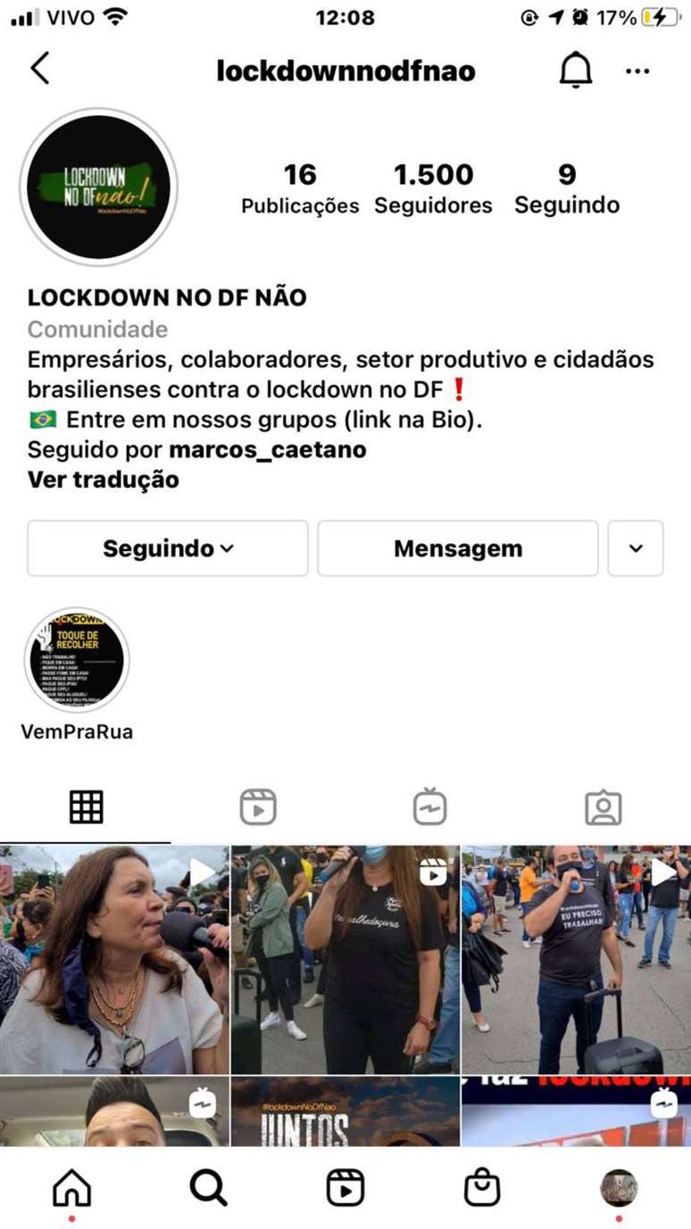 Página do movimento que organizou um protesto contra o lockdown em Brasília