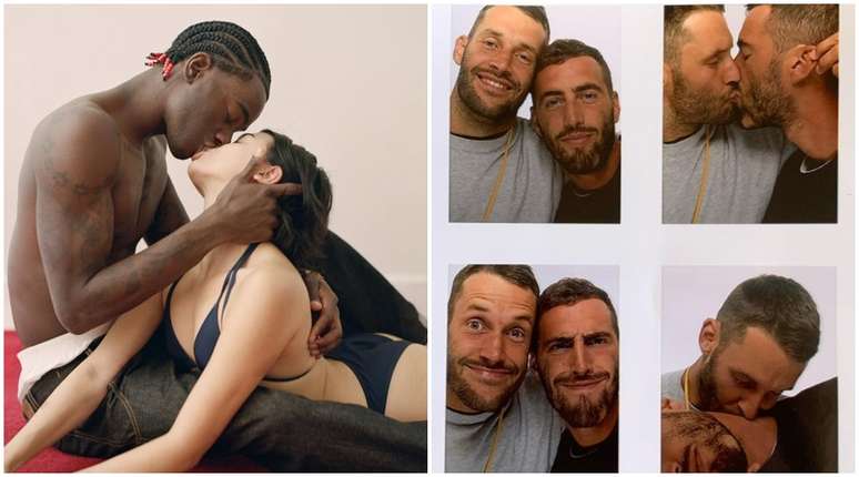 Um casal interracial em foto do Verão 2021 da marca Jacquemus e o próprio estilista com o namorado 