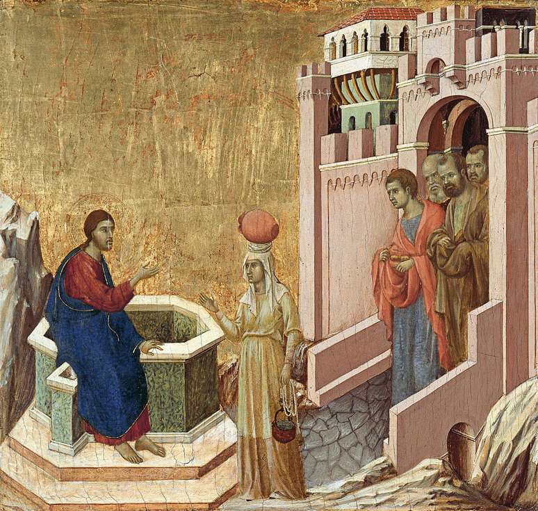 O símbolo do poço é comum, como na obra "Cristo e a Samaritana", de Duccio di Buoninsegna (1310-1311)