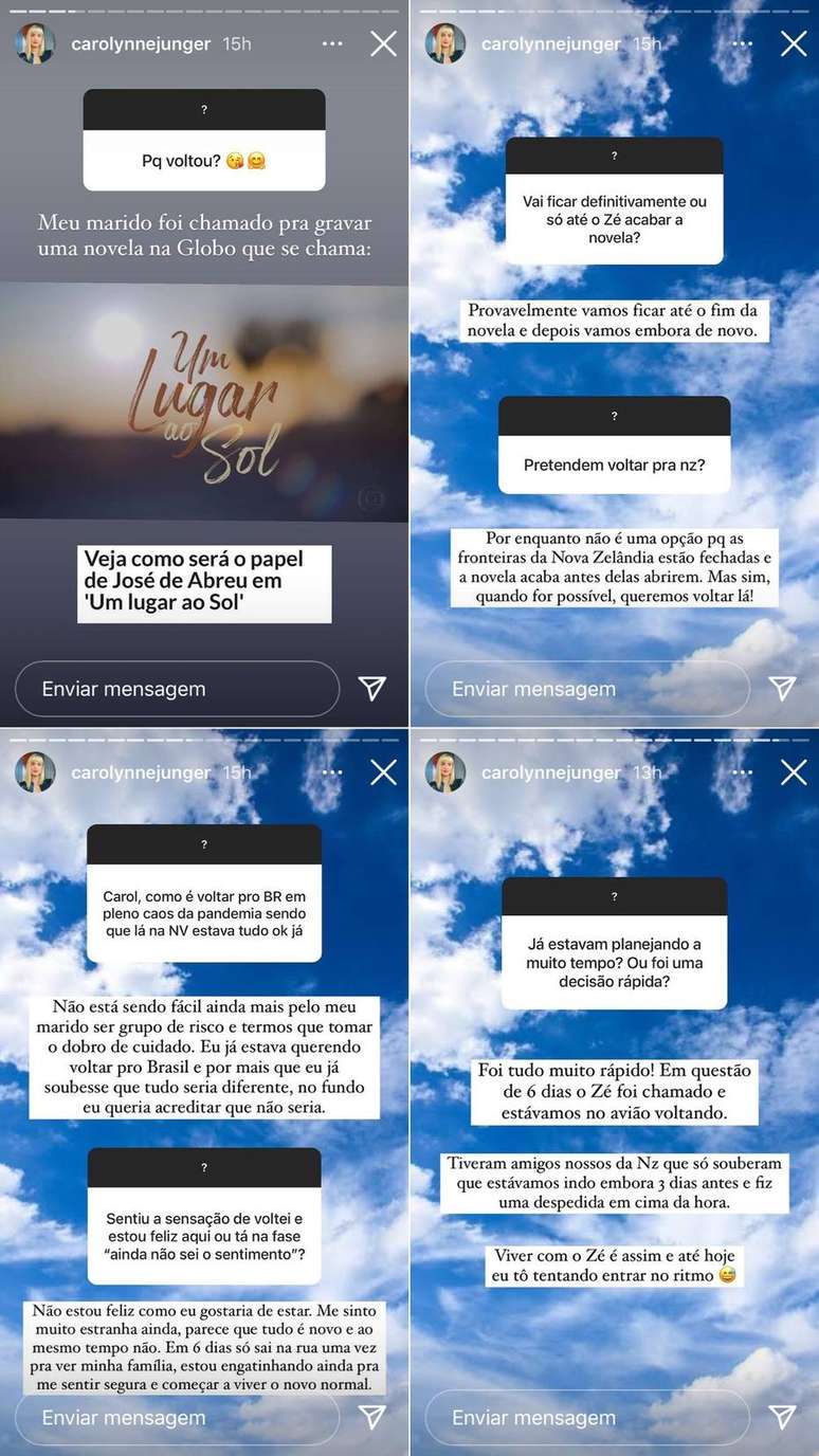 Carol Junger responde aos seguidores pelo Instagram