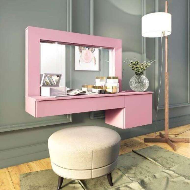 46. Penteadeira suspensa rosa com design moderno. Font: M&oacute;vel Bento