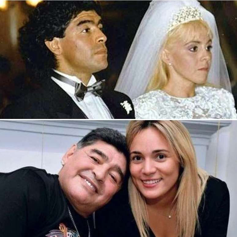 Acima, Maradona e Claudia na cerimônia de casamento, em 1989; abaixo, o ex-jogador com Rocío