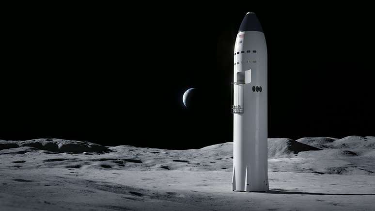 Ilustração de aterrissagem na Lua: Starship compete para levar astronautas à Lua