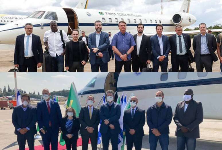 Fotos da partida, sem máscara, e da chegada da comitiva brasileira a Israel, onde passou a usar o equipamento. 