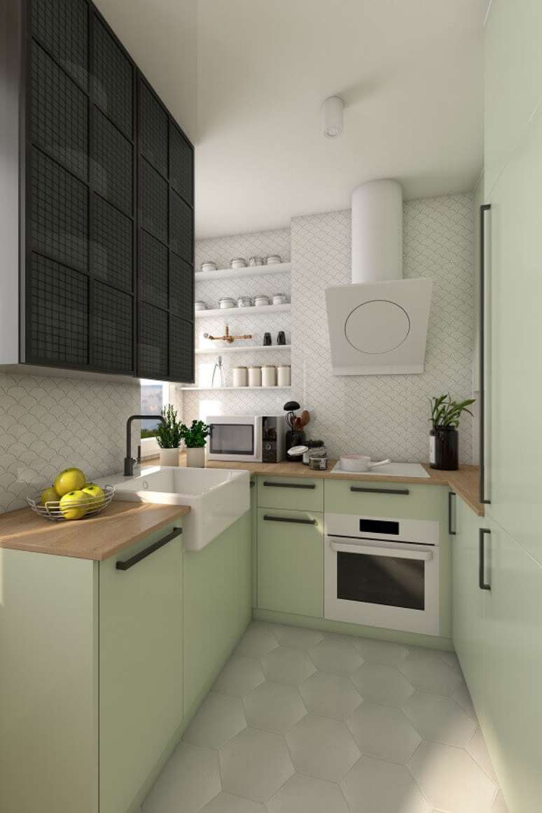 59. Cor verde claro para decoração de cozinha pequena planejada – Foto Apartment Therapy