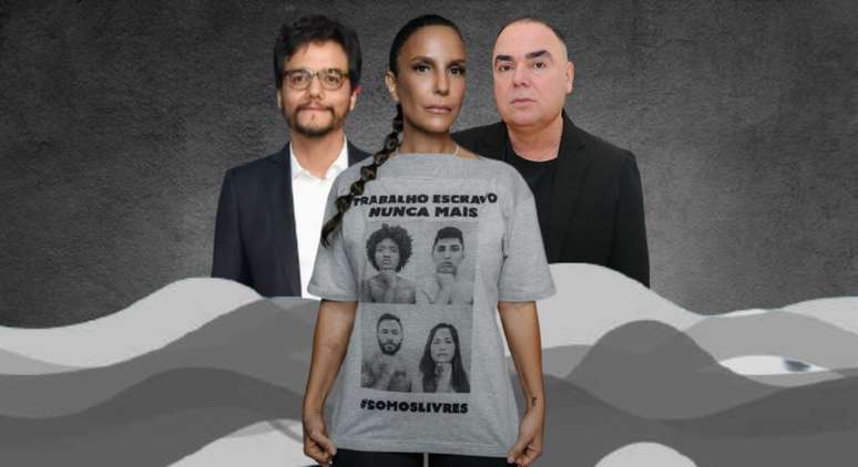 O ator Wagner Moura, a cantora Ivete Sangalo (vestindo a camiseta da campanha contra o trabalho escravo) e o estilista Reinaldo Lourenço: união de forças contra a exploração de pessoas