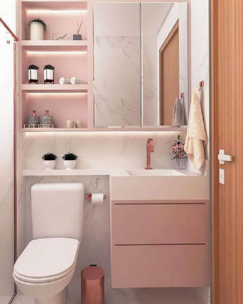 49. Espelheira para banheiro feminino decorado em cor de rosa e branco – Foto Pinterest
