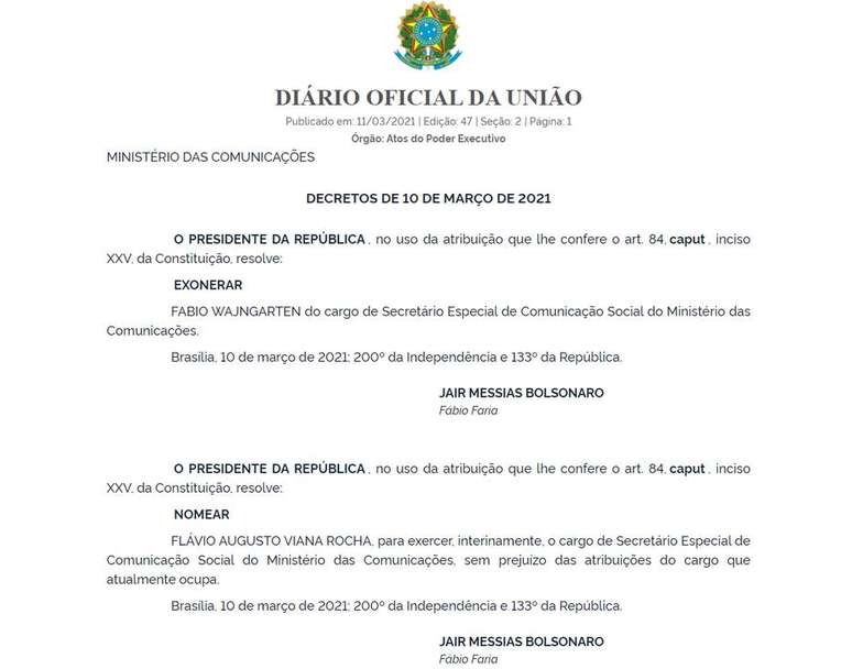 Demissão de Fábio Wajngarten e nomeação de Flávio Rocha foram oficializadas em edição do Diário Oficial da União na madrugada desta quinta-feira, 11.