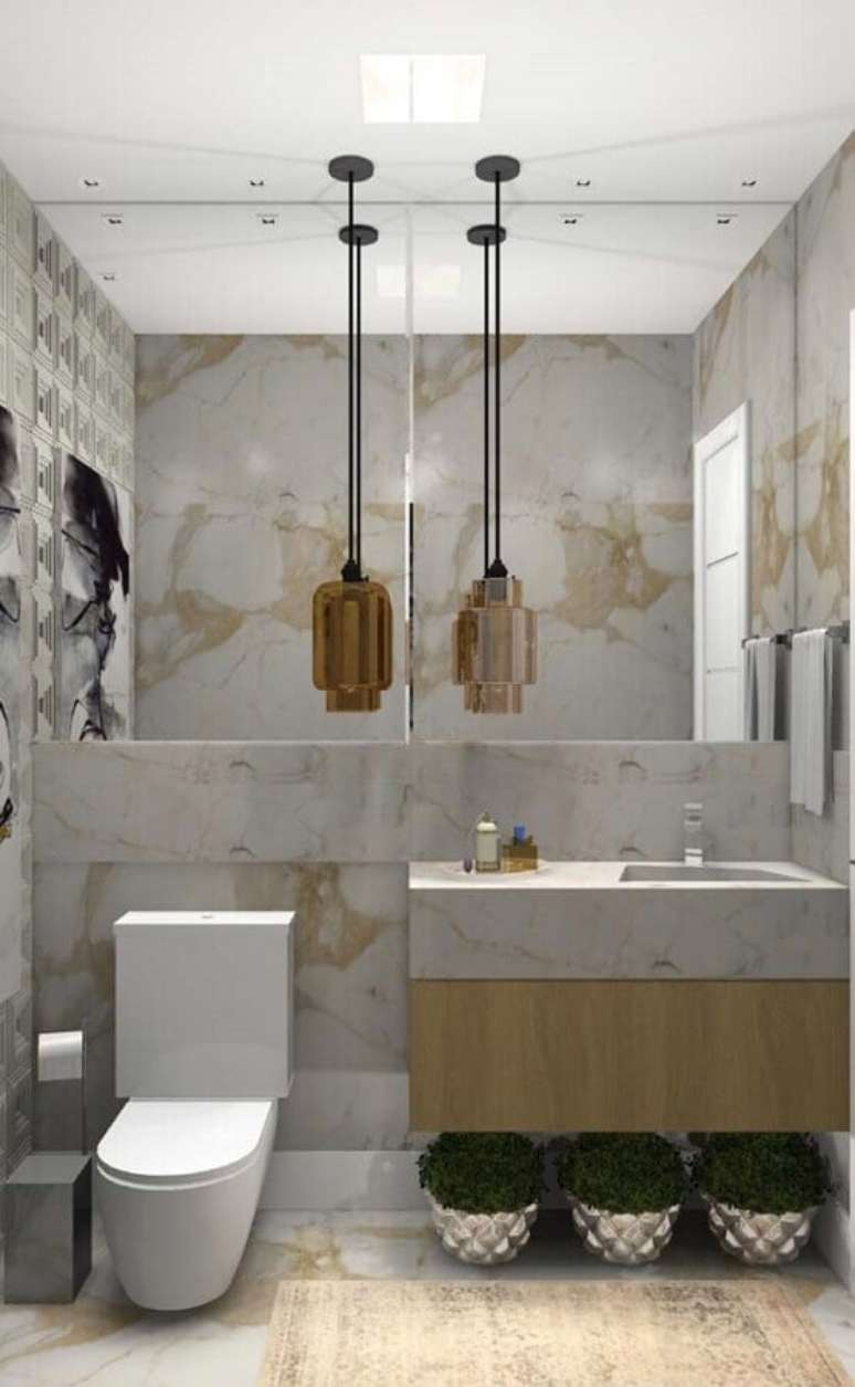 18. Bancada de m&aacute;rmore para banheiro pequeno e moderno &ndash; Foto Arkpad