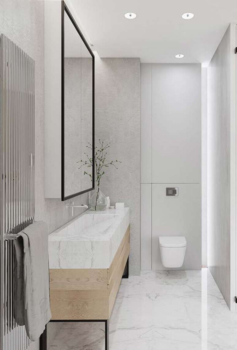 50. Decoração minimalista com bancada de mármore para banheiro – Foto Pinterest