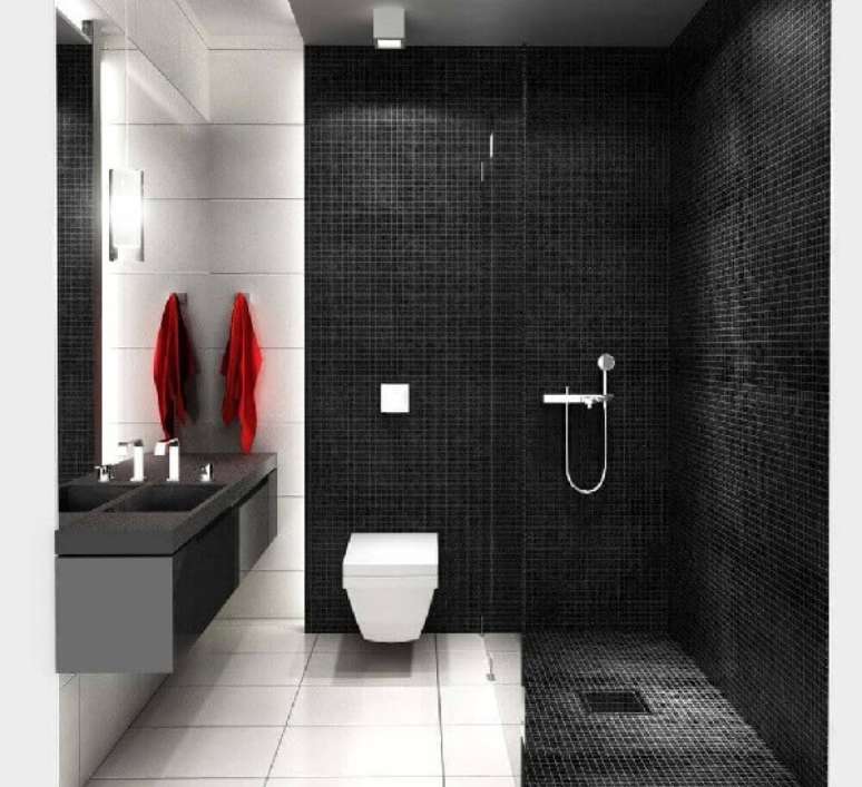 44. A pastilha preta fosca marca presença no revestimento de parede e piso desse banheiro. Fonte: Pinterest