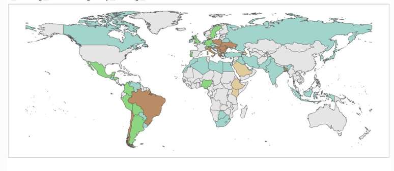 Gráfico mostra expansão de pandemia de covid-19 no mundo; nos países em marrom, como Brasil, pandemia está acelerando