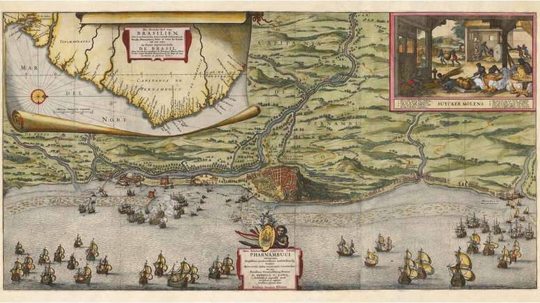 Olinda, ent&atilde;o cidade mais rica do Brasil Col&ocirc;nia, foi saqueada e destru&iacute;da pelos holandeses, que escolheram Recife como a capital da Nova Holanda. O mapa de Nicolaes Visscher mostra o cerco a Olinda e Recife em 1630