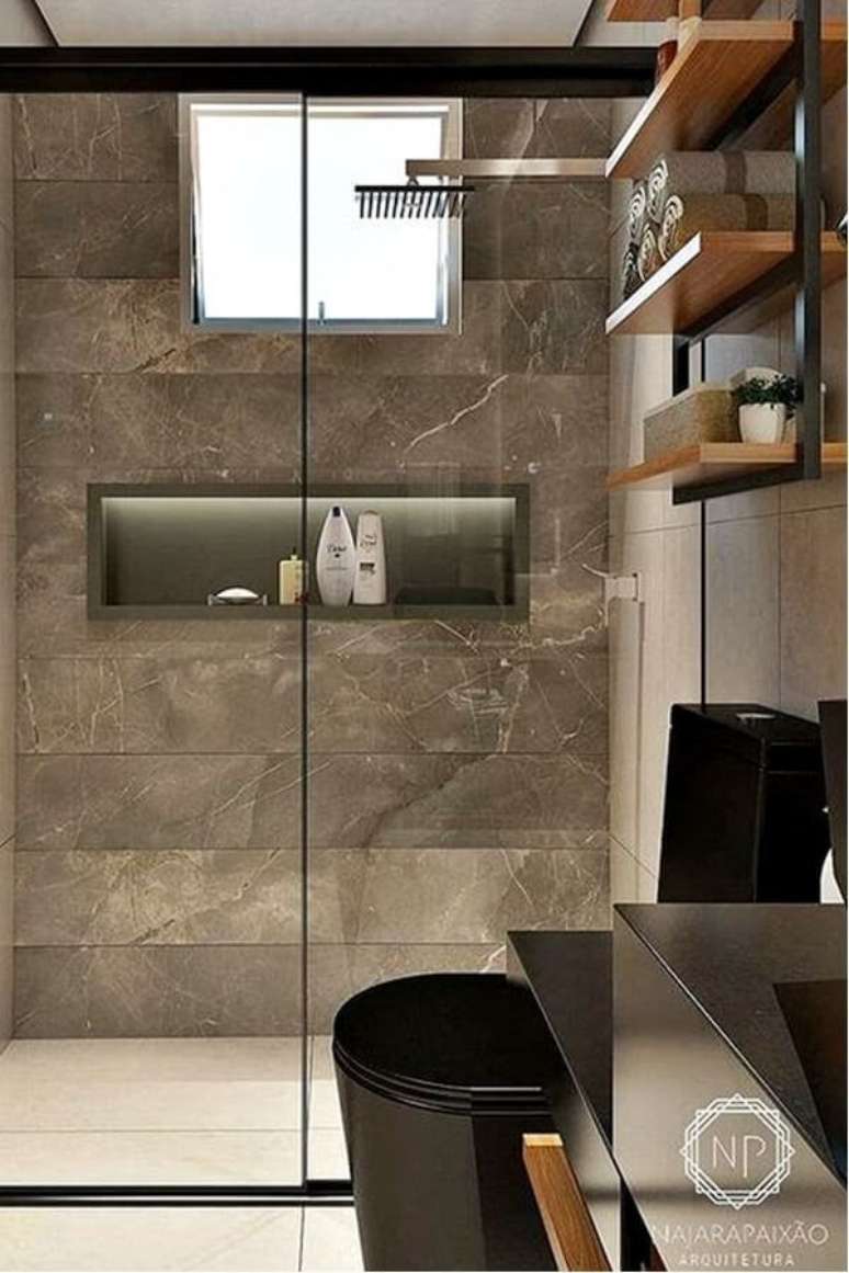 54. Banheiro com revestimento marmorizado marrom – Foto Simples Decoração
