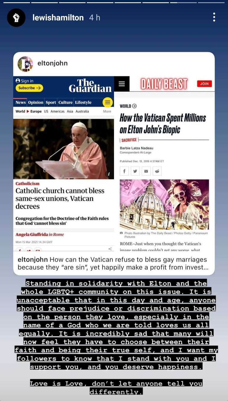 Lewis Hamilton usou as redes sociais para criticar a posi&ccedil;&atilde;o do Vaticano quanto ao casamento gay 