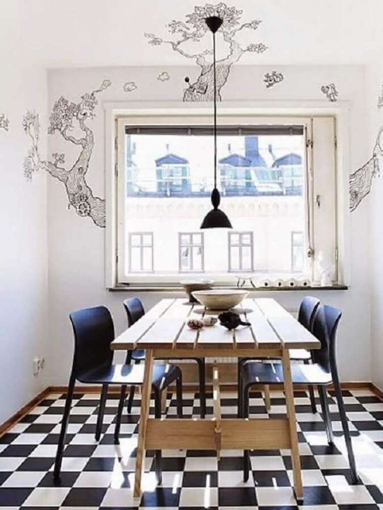 57. Piso preto e branco para decoração de sala de jantar simples – Foto Arquitrecos