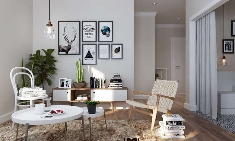 10. Sala branca com rack pe palito retr&ocirc; &ndash; Foto Pinteret