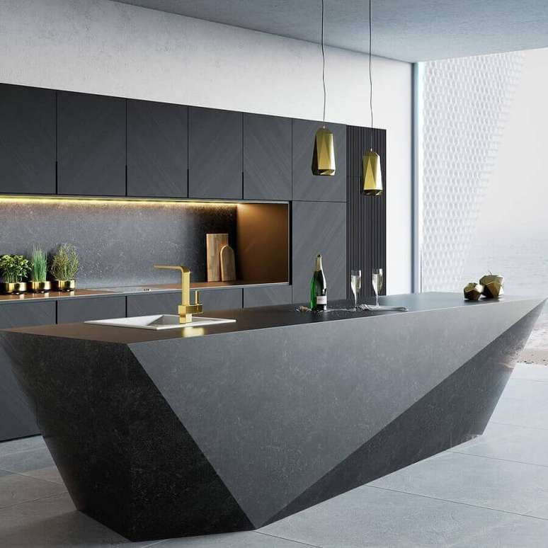 48. Decoração sofisticada para cozinha preta moderna com ilha gourmet – Foto: Futurist Architecture