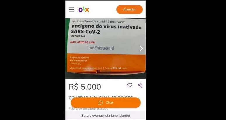 Anúncio de vacina contra a covid-19 na OLX