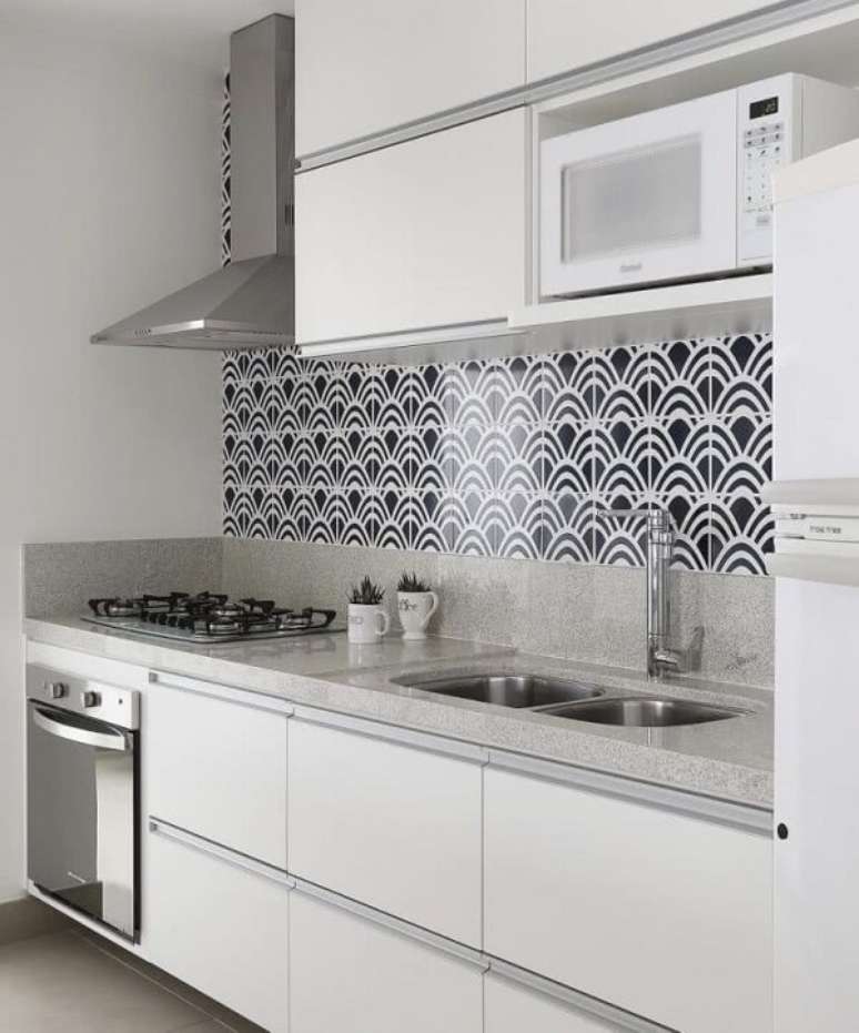 44. Armário basculante com acabamento branco e revestimento de parede estampado decoram a cozinha. Fonte: Pinterest