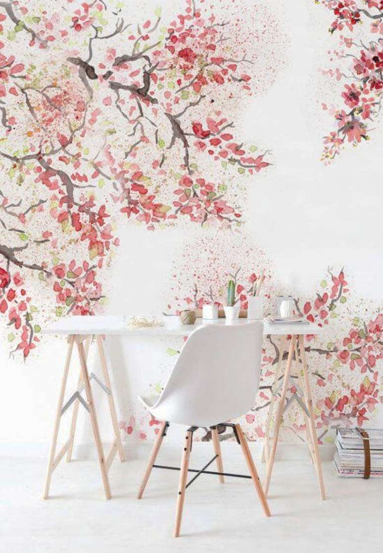 43. Papel de parede rosa com arvore cheia de flores – Foto Etsy
