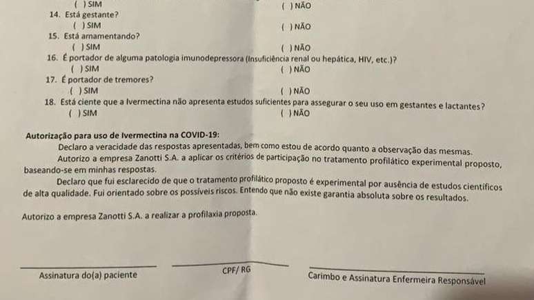 Formulário recebido por funcionários da Zanotti