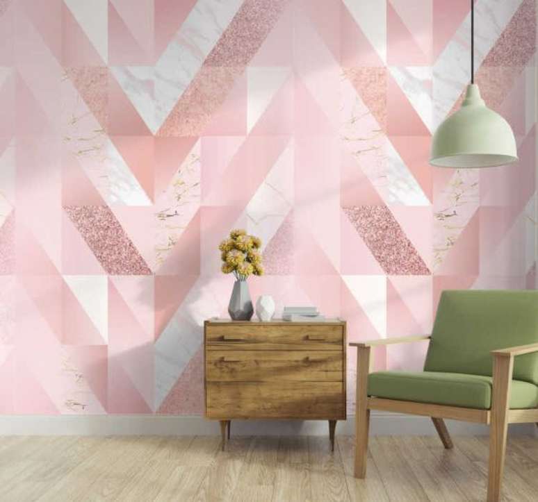 21. Papel de parede rosa geométrico e branco – Foto Tenstickers