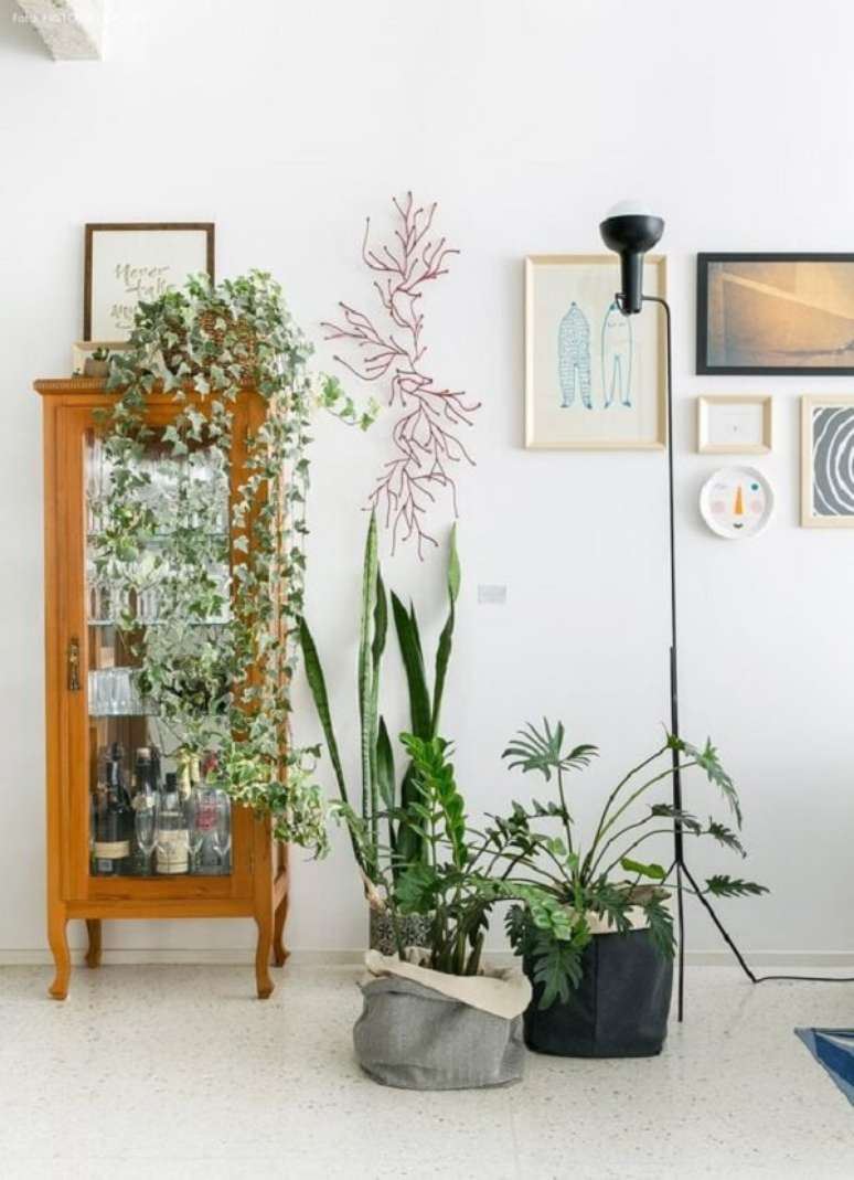 30. Cristaleira rústica pequena e vasos de plantas decoram o ambiente da casa. Fonte: Histórias de Casa