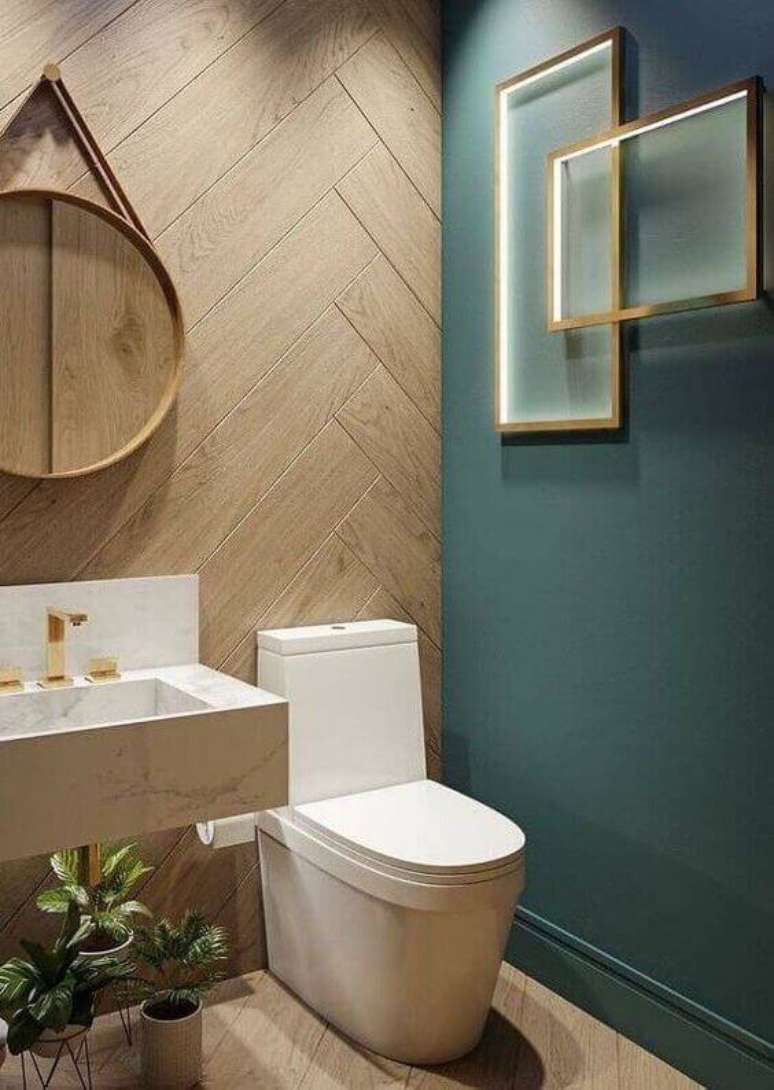28. Banheiro amadeirado e verde moderno – Foto Pinterest
